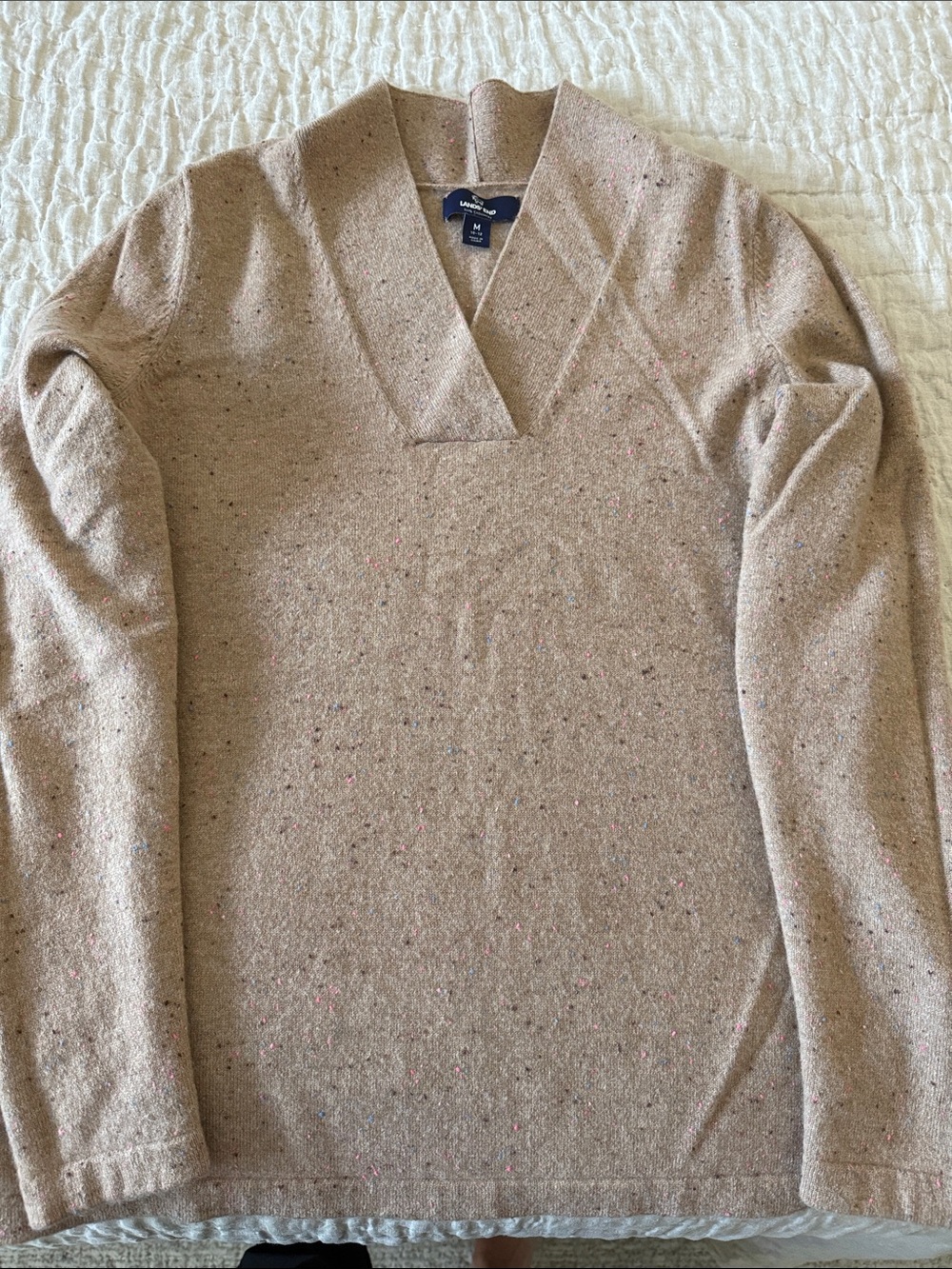 Lands' End cashmere Women's Beige Speckled V-Neck Sweater